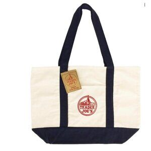 Trader Joe’s Canvas Reusable Tote Bag Navy Trim Embroidered Logo 20” x 14” NEW